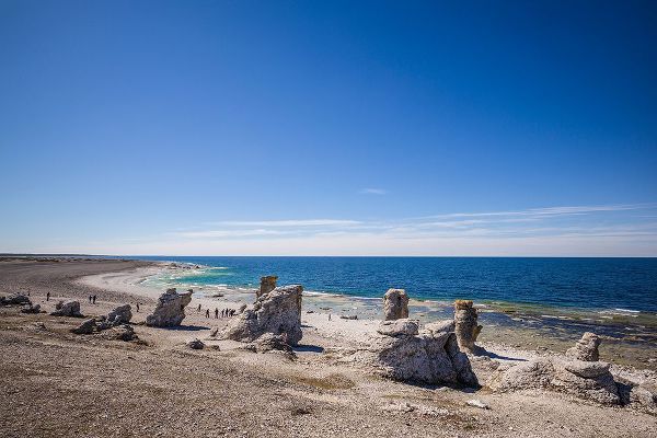 Bibikow, Walter 아티스트의 Sweden-Faro Island-Langhammars Area-Langhammar coastal limestone rauk rocks with visitors작품입니다.